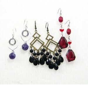 3 pair Handcrafted Earrings Amethyst Hoops Boho Style Chandeliers Red Drops